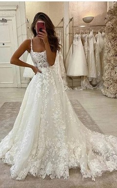 Lace Spaghetti A-line Ball Gown Applique Elegant Princess Wedding Dress with Court Train