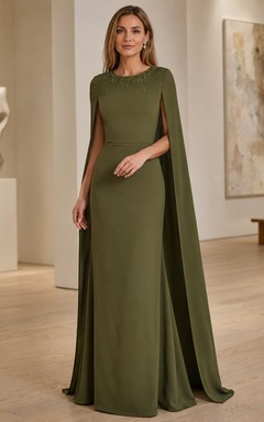 Dark Green Beaded High Neck Cape Sleeve Satin Sheath Gown Dress