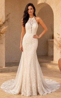 Vestido de novia bohemio de encaje con escote en V, sin mangas y cola de sirena.