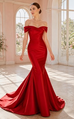 Red Off-Shoulder Satin Mermaid Pleated Elegant Romantic Wedding Dress