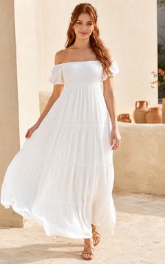White Chiffon Off-the-Shoulder Short-Sleeve A-Line Tea-Length Bohemian Dress