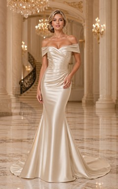 Champagne off shoulder satin mermaid black tie gown