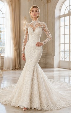 Robe de mariée sirène en dentelle à manches longues et col montant, avec boutons illusion et traîne chapelle