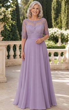 Lavender lace illusion sleeve chiffon A line grandmother gown
