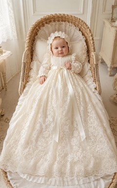 Vestido de bautizo estilo clásico color champán, corte en A, largo hasta el suelo, cuello alto, manga corta, tul, encaje, fajín, lazo, botones en la espalda.