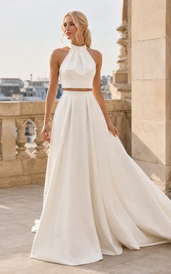 Minimal Bridal Two Piece Halter Bow Neck Backless Satin Court Train Wedding Outfit