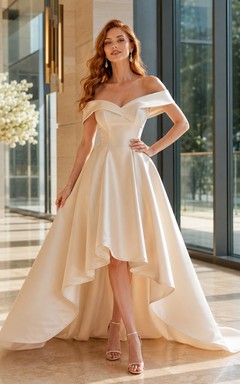 Off Shoulder Satin High Low City Venue Wedding Dress
