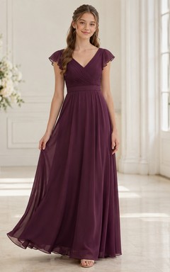 Mulberry Junior Brautjungfernkleid, A-Linie, V-Ausschnitt, kurze Ärmel, elegant, formell