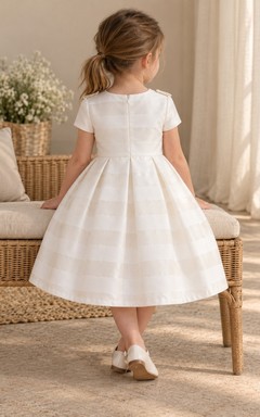Modest White Ivory Vertical Striped Knee Length Short Sleeve Pleated Flower Girl Dress