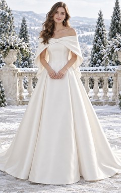 Simple Off Shoulder Satin A-line Short Wedding Cape Dress