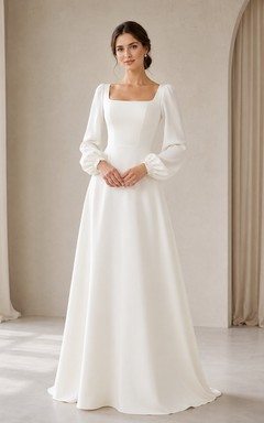 Minimalistisches Brautkleid aus Satin, A-Linie, eckiger Ausschnitt, lange Ärmel, bodenlang