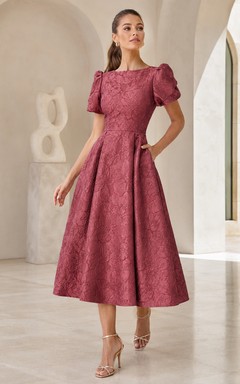 Dusty Rose Bateau Puff Sleeve Jacquard A-Line Midi Wedding Guest Dress