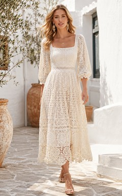 Elegantes weißes Kleid aus gehäkelter Spitze im Ibiza-Stil, A-Linie, Teelänge, mit eckigen Puffärmeln