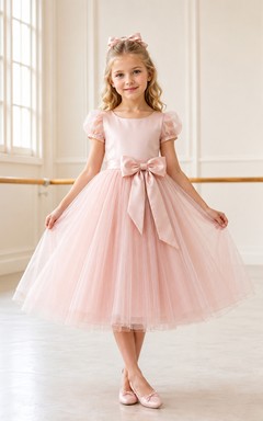 Pink Lace Tulle A-Line Flower Girl Dress with Short Sleeves, Jewel Neck, Tea-Length Skirt and Bow Detail