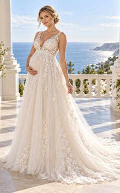 Maternity V-neck Sleeveless Floral Lace Tulle Empire Train Wedding Dress