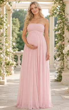Vestido de dama de honor largo hasta el suelo, de gasa, corte imperio, sin tirantes y color rosa perla, estilo imperio, para embarazadas.