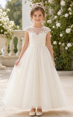 Blumenmädchenkleid aus elfenbeinfarbener Spitze und Tüll, A-Linie, Rundhalsausschnitt, Teelänge