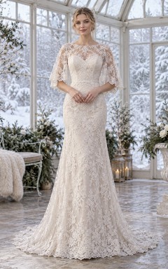 Vestido de novia corto tipo capa con borde festoneado y encaje floral estilo barco.