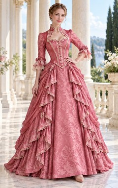 Robe de soirée vintage Renaissance rose poudré style reine Anne à manches à volants superposées
