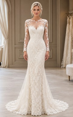 Robe de mariée sirène à manches longues transparentes, col bateau et dentelle florale polie, dos boutonné, ornée de boutons.