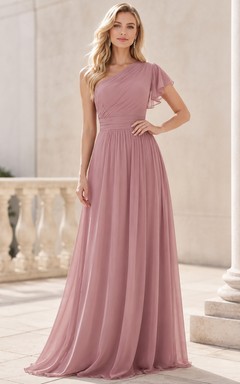 Dusty rose one shoulder flutter sleeve chiffon floor dress