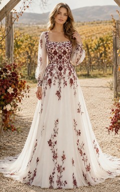 Burgunderrotes Brautkleid im A-Linien-Schnitt mit eckigen, langen Ärmeln und Schleppe im Boho-Stil