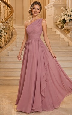 Dusty Rose Chiffon One-shoulder Sleeveless A-Line Evening Gown