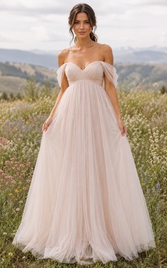 Romantisches schulterfreies Empire-Kleid aus Tüll mit Wildblumenmuster für eine romantische Hochzeit