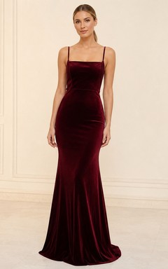 Burgundy Square Neck Floor-Length Velvet Mermaid Bridesmaid Dress