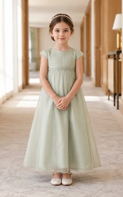 A-Line Quiet Luxury Flower Girl Dress with Cap Sleeves, Pleated Flowing Skirt, Tea-Length Hem, Natural Waist, Quiet Garden Formal Style