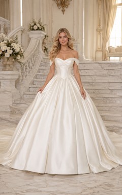 Brautkleid aus Satin, A-Linie, schulterfrei, kurze Ärmel, Kapellenschleppe