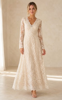 Ivory Lace V-neck Long Sleeve Floor-length A-Line Formal Dress