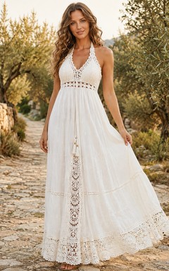 Boho White Halter Deep V-Neck Crochet Lace A-Line Floor-Length Summer Dress