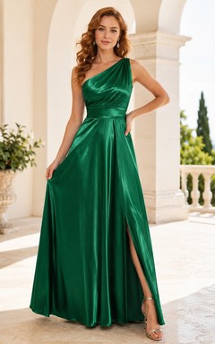 Emerald One-Shoulder Sleeveless Draped Satin Sheath Floor-Length Split Evening Dress