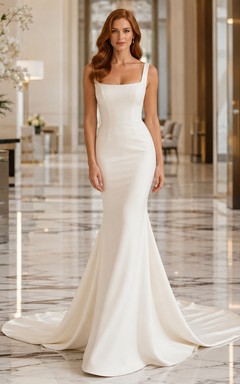 Minimalistisches Brautkleid aus Satin im Meerjungfrauenstil mit eckigem Ausschnitt, ärmellos, mit Schleppe