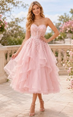 Robe de soirée rose poudré luxueuse, longueur thé, bustier cœur, en organza superposé, robe de bal Sweet Sixteen