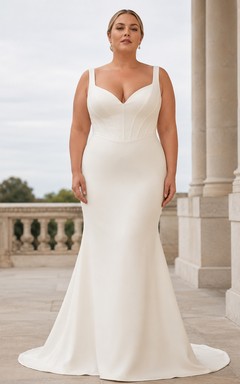 Robe de mariée sirène en satin à bretelles larges et col en V, grande taille, boutonnée sur le devant