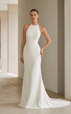Minimalist Satin Wedding Dress Mermaid Halter Sleeveless Sweep Train Bridal Gown