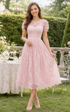 Blush Pink Lace Puff Sleeve A Line Tea Party Dress