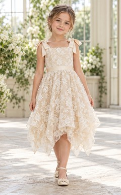 Ivory Square Neck Bow Strap Floral Lace Flower Girl Dress