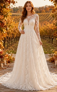 Fall Vineyard Long Sleeve Lace A-Line Wedding Dress