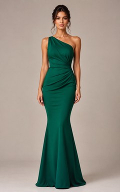Meerjungfrauen-Abendkleid aus Stretch-Satin mit Raffungen und einer Schulter