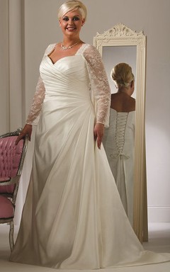 Plus Size Taffeta Bridal Gown With Long Lace Sleeves And Lace Up