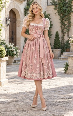 Vintage Dusty Rose Square Neck Lace Sleeve Button Dirndl Dress