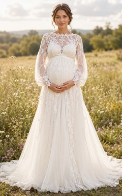 Maternity Wedding Dress High Neck Long Illusion Sleeve Lace Gown with Train
