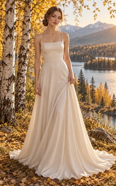 Vestido de novia sencillo de corte A con escote cuadrado y tirantes finos color champán