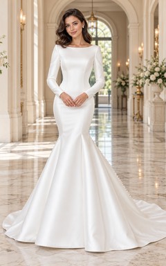 Simple Mermaid Long Sleeve Bateau Neck Satin Button Wedding Dress