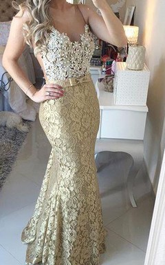 Modern Lace Appliques Mermaid Prom Dress Straps Sweep Train Bowknot