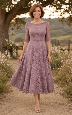 Vintage-Kleid in Mauve, schlichtes U-Boot-Ausschnitt-Kleid mit halben Ärmeln, floraler Spitze, A-Linie, Teelänge, Landhausstil, festliches Kleid für die Mutter des Bräutigams