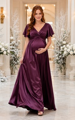 Plum V Neck Flutter Sleeve Satin Empire Floor Maternity Guest Gown
